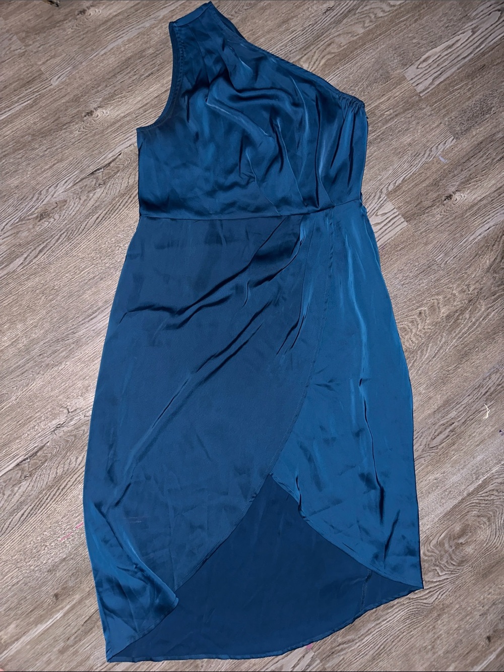 Amazon Teal One-Shoulder Satin Wrap Dress
